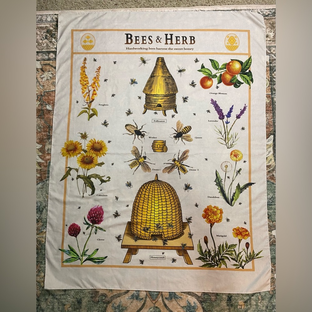 Illustrated Bee and Herb Fabric Tapestry
